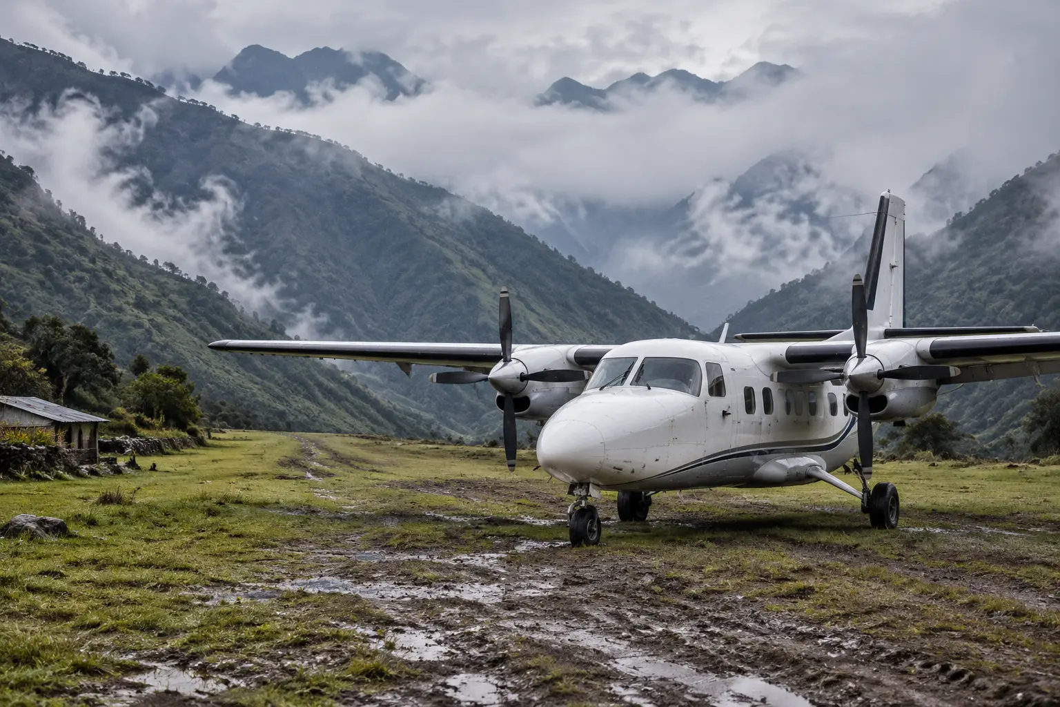 Грузовой самолёт Twin Otter на грунтовой полосе Кеглсугла у подножия горы Вильгельм во время чартерного рейса в Папуа-Новой Гвинее