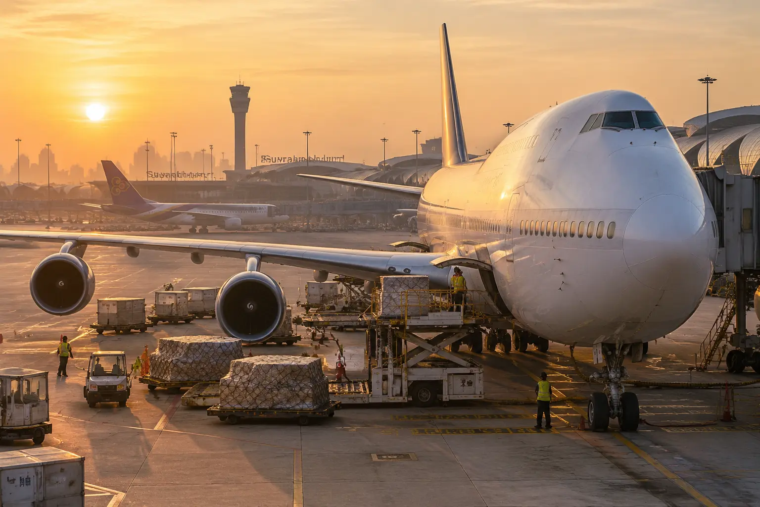 Пассажирский Boeing 787 авиакомпании Thai Airways на перроне Бангкока в утренние часы низкого сезона перед вылетом в Москву
