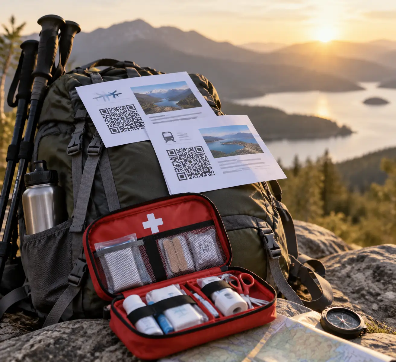Открытая дорожная аптечка и распечатки с QR-кодом брони лежат на рюкзаке перед дальним вылетом в жаркий тропический регион Азии.