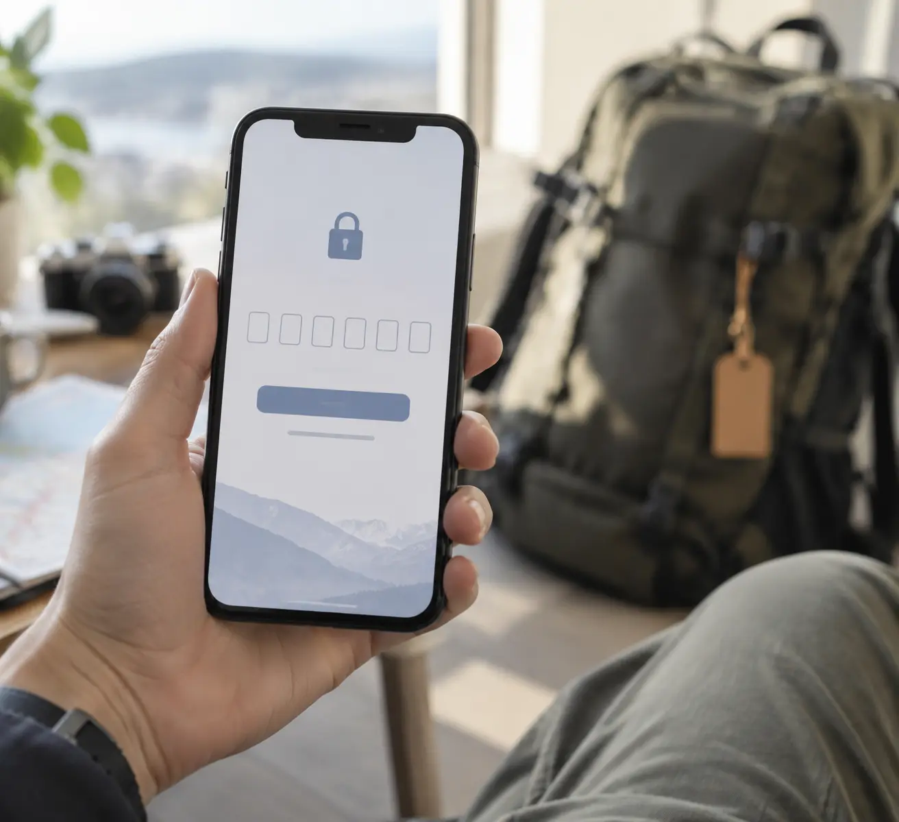 Экран смартфона с открытой формой входа в личный кабинет TripScan и полем для шестизначного кода подтверждения на фоне рюкзака путешественника