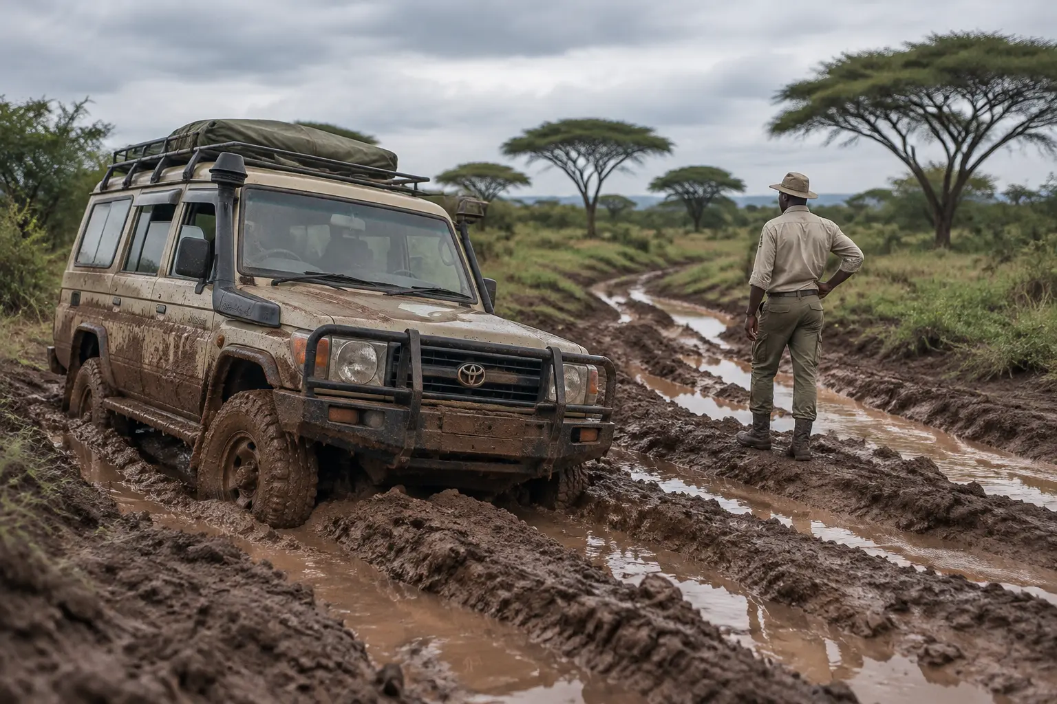Внедорожник Land Cruiser буксует на размытой грунтовке в Амбосели после апрельских дождей, пока гид оценивает объезд.