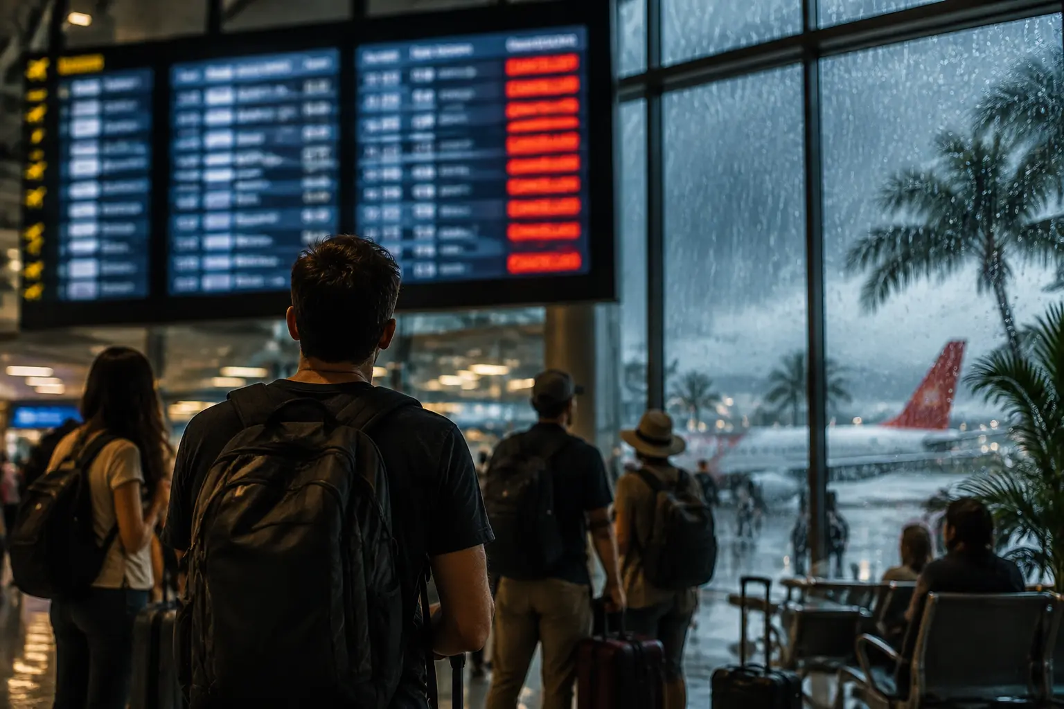 Табло рейсов Fiji Airways в аэропорту Нади с отменёнными вылетами во время тропического циклона в разгар сезона на Фиджи